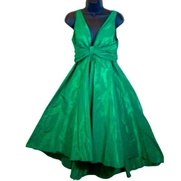 Rickie Freeman for Teri Jon Deep V Bow A Line midi dress in green size 10 - Picture 2 of 13